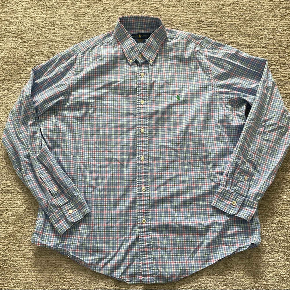 Ralph Lauren Plaid Blue Pink Green Button Down Shirt Green Pony Mens XL Colorful